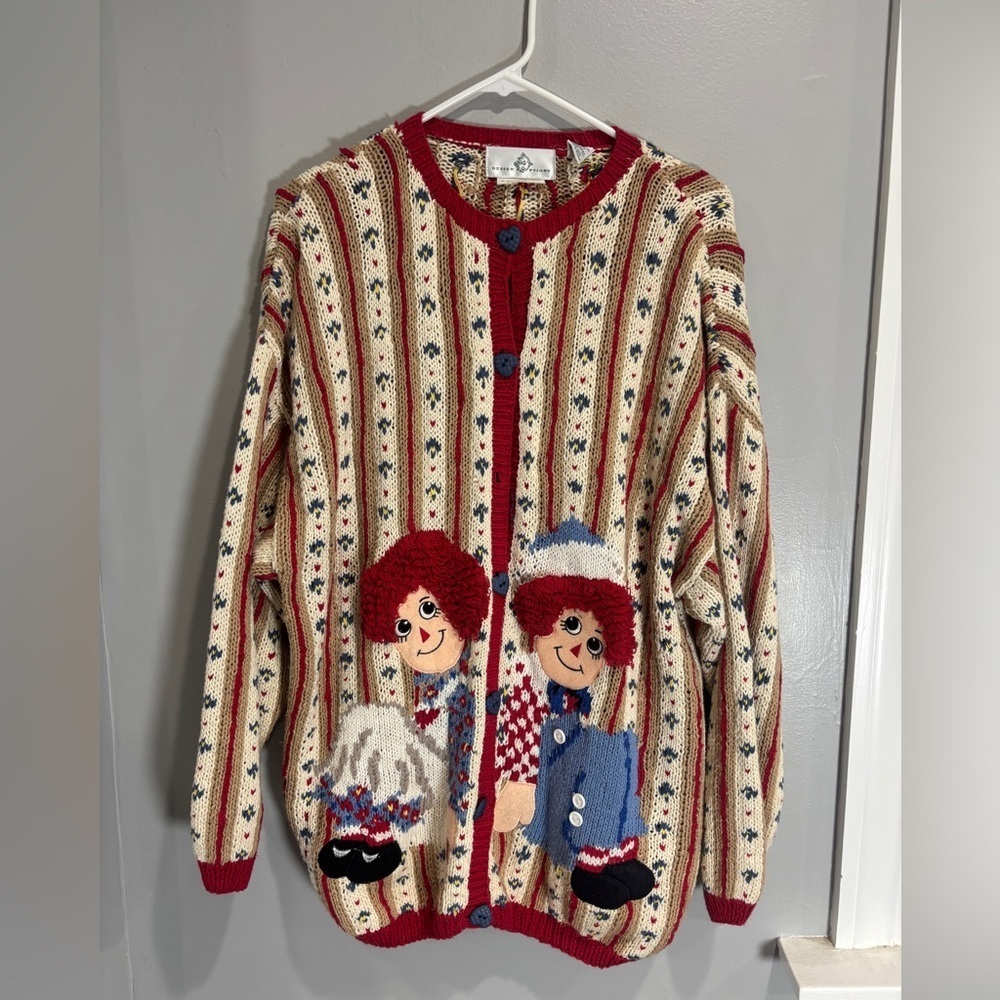 Vintage Raggedy Anne and Andy Cardigan Sweater Design Options Button Up XL